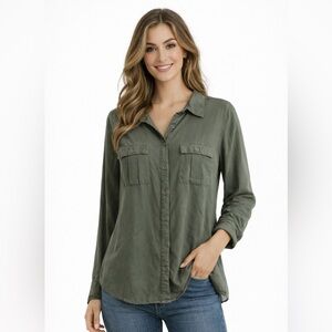 Dark Green Casual Button Down Shirt Roll Tab Sleeve Option